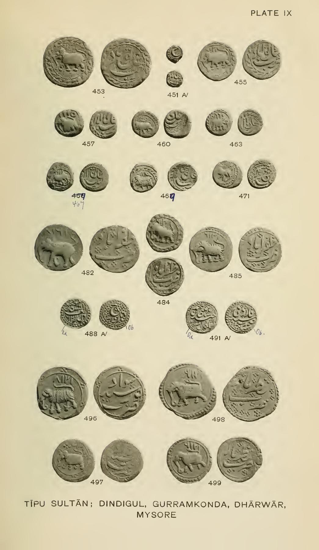 Complete coin plate IX with Gurramkonda specimens numbered 482, 484 and 485 among specimens from other mints.
