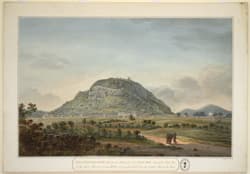 Historical watercolour showing the north face of Gurramkonda fort and defensive approaches.