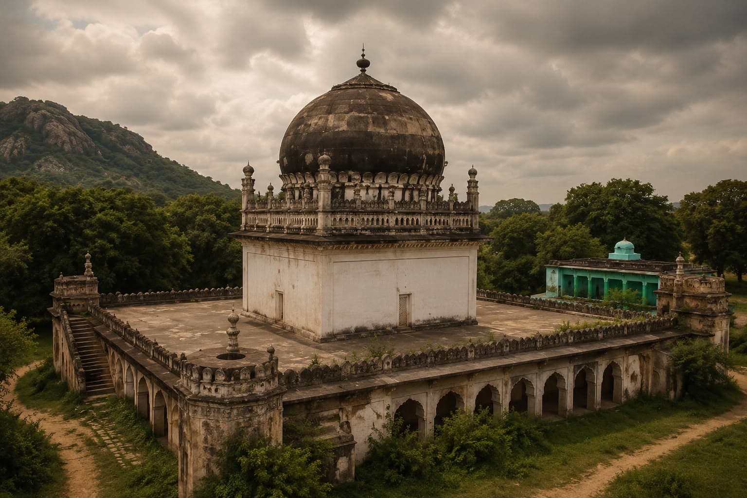 Domed building on an arcaded base, surrounded by trees and hills.
