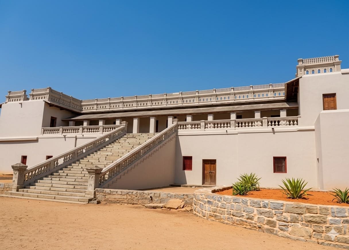 Pale palace facade with a wide staircase and open courtyard.